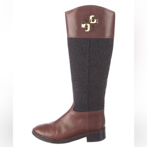 Tory Burch Brown Leather & Charcoal Wool Over-the-Knee Boots